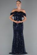 Robe de Soirée Longue Perlé Bleu Marine ABU5239