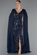 Robe de Soirée Longue Perlé Bleu Marine ABU5248
