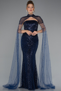 Robe de Soirée Longue Perlé Bleu Marine ABU5363