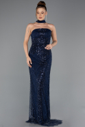 Robe de Soirée Longue Perlé Bleu Marine ABU5438