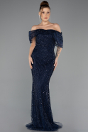 Robe De Soirée Perlé Longue Bleu Marine ABU5371