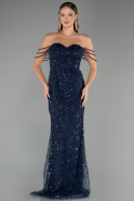 Robe de Soirée Longue Perlé Bleu Marine ABU5477