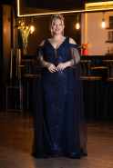 Robe De Soirée Grande Taille Longue Perlé Bleu Marine ABU5498