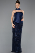 Robe de Soirée Longue Perlé Bleu Marine ABU5556