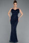 Robe de Soirée Longue Perlé Bleu Marine ABU5590