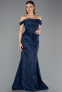 Robe de Soirée Longue Dantelle Bleu Marine ABU5609