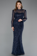 Robe De Soirée Grande Taille Longue Perlé Bleu Marine ABU5643