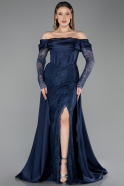 Robe de Soirée Longue Dantelle Bleu Marine ABU5653