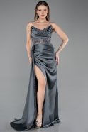 Robe De Soirée Satin Longue Anthracite ABU6141