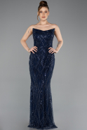 Robe de Soirée Grande Taille Longue Perlé Bleu Marine ABU4789