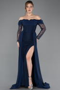 Robe De Soirée Mousseline Longue Bleu Marine ABU5602