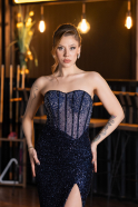 Robe de Soirée Longue Perlé Bleu Marine ABU5696