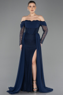 Robe de Soirée Longue Dantelle Bleu Marine ABU5727