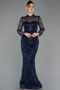 Robe De Soirée Perlé Longue Bleu Marine ABU5638