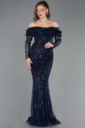 Robe de Soirée Longue Perlé Bleu Marine ABU5825