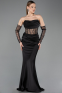 Robe Queue de Poisson Longue Satin Noir ABU5888