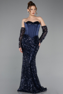 Robe De Soirée Grande Taille Longue Squameuse Bleu Marine ABU5928