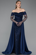 Robe De Soirée Grande Taille Longue Perlé Bleu Marine ABU6093