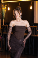 Robe de Soirée Longue Perlé Brun ABU5922