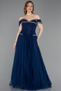 Robe de Soirée Longue Dantelle Bleu Marine ABU5996