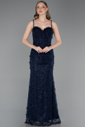 Robe de Soirée Longue Dantelle Bleu Marine ABU6040