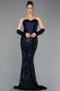 Robe de Soirée Longue Squameuse Bleu Marine ABU6041