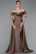 Robe De Soirée Grande Taille Longue Perlé Brun ABU6093
