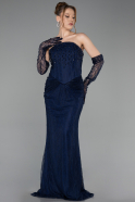 Robe de Soirée Longue Dantelle Bleu Marine ABU6089