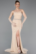 Robe de Soirée Longue Dantelle Beige ABU6060