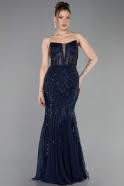 Robe de Soirée Longue Perlé Bleu Marine ABU6080