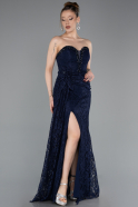 Robe Queue De Poisson Dantelle Longue Bleu Marine ABU5975