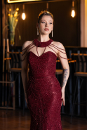 Robe de Soirée Longue Perlé Rouge Bordeaux ABU6073