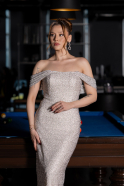 Robe de Soirée Longue Perlé Beige ABU6057