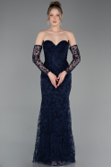 Robe de Soirée Longue Lacé Bleu Marine ABU6159