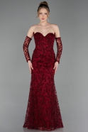 Robe de Soirée Longue Lacé Rouge Bordeaux ABU6159