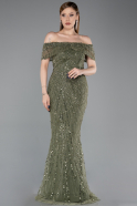 Robe De Soirée Perlé Longue Kaki Clair ABU5694