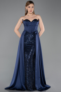 Robe de Soirée Longue Satin Bleu Marine ABU6193
