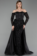 Robe de Soirée Longue Satin Noir ABU6230