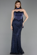 Robe de Soirée Longue Perlé Bleu Marine ABU6238