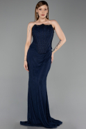 Robe de Soirée Longue Dantelle Bleu Marine ABU6207