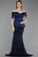 Robe de Soirée Longue Squameuse Bleu Marine ABU6243