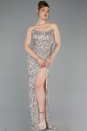Robe de Soirée Longue Squameuse Beige ABU6218