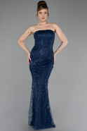Robe de Soirée Longue Perlé Bleu Marine ABU6220