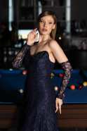 Robe de Soirée Longue Dantelle Bleu Marine ABU6229