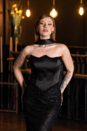 Robe de Soirée Longue Perlé Noir ABU6238