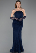 Robe Queue de Poisson Longue Dantelle Bleu Marine ABU6256