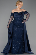 Robe De Soirée Grande Taille Longue Perlé Bleu Marine ABU6093