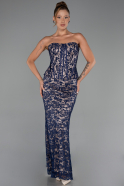Robe de Soirée Longue Dantelle Bleu Marine ABU6303