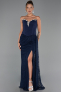 Robe de Soirée Longue Dantelle Bleu Marine ABU6319