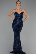 Robe de Soirée Longue Squameuse Bleu Marine ABU6321